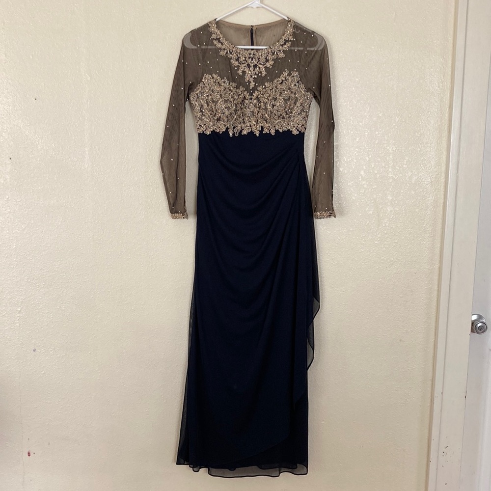 XSCAPE Navy and Gold Embellished Ruched Illusion Sleeve chiffon  Gown, size 4P